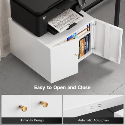 Metal Printer Stand with Storage Mobile Printer Tables for Small Spaces with Door Adjustable Shelf White File Cabinet on Wheels for Home Office