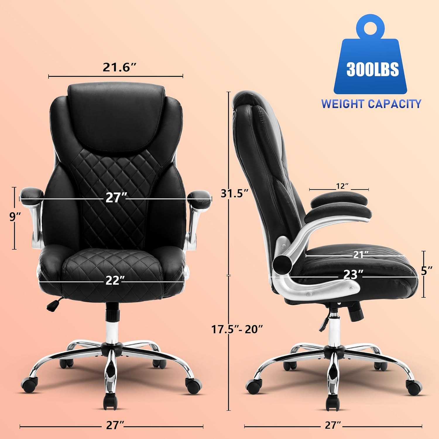 Executive Office Ergonomic Chair with Flip-up Armrests and Lumbar Support Computer High Back Adjustable Desk Chair Rocking PU Leather Modern Swivel Task Chair, Black
