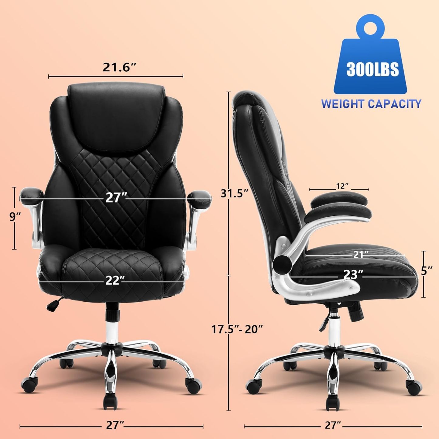 Executive Office Ergonomic Chair with Flip-up Armrests and Lumbar Support Computer High Back Adjustable Desk Chair Rocking PU Leather Modern Swivel Task Chair, Black