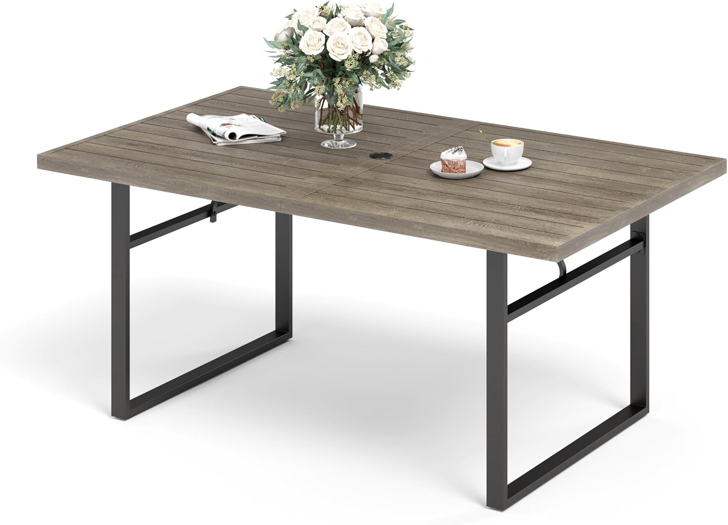 Patio Dining Table 63.8" x 38.2" x28.7" Rectangular Outdoor Dining Table with U-Shaped Legs,Steel Frame with 1.57" Umbrella Hole for Garden Backyard