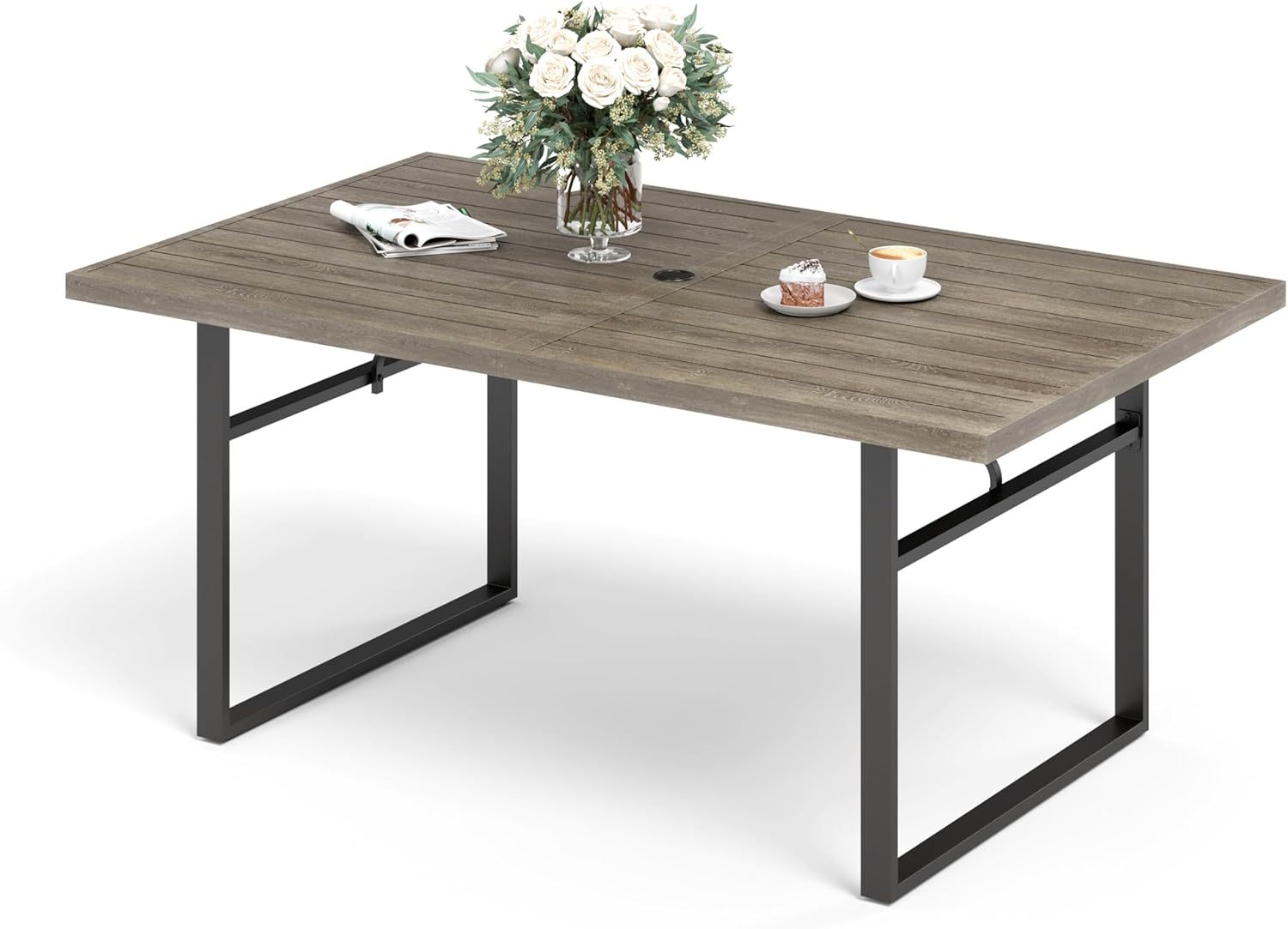 Patio Dining Table 63.8" x 38.2" x28.7" Rectangular Outdoor Dining Table with U-Shaped Legs,Steel Frame with 1.57" Umbrella Hole for Garden Backyard