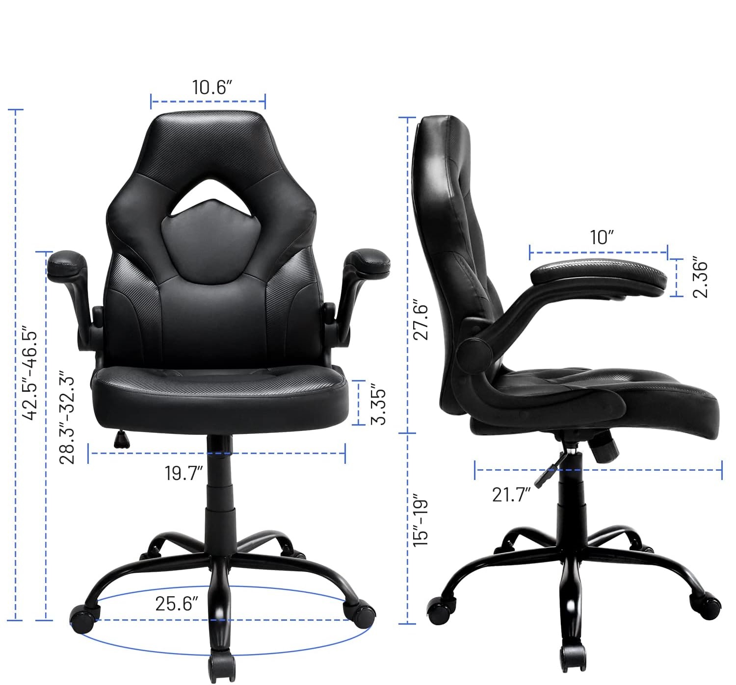 Office Gaming Chair with Flip-up Armrests, Ergonomic Computer Game Chair Bonded Leather Swivel Desk Chair Adjustable Height Comfortable Upholstered Armrests(Black)