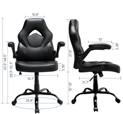 Office Gaming Chair with Flip-up Armrests, Ergonomic Computer Game Chair Bonded Leather Swivel Desk Chair Adjustable Height Comfortable Upholstered Armrests(Black)