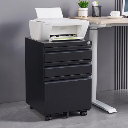 Metal File Cabinets for Home Office 3 Drawer Mobile Filing Cabinet with Lock 5 Rolling Wheels Vertical Office Cabinet fits A4/Letter/Legal Size Fully Assembled (Black)