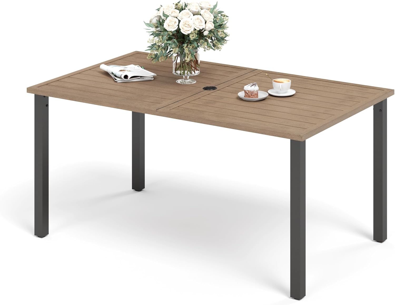 60" x 36" x 29"Patio Dining Table,Rectangular Outdoor Dining Table with Teak Color Table Top