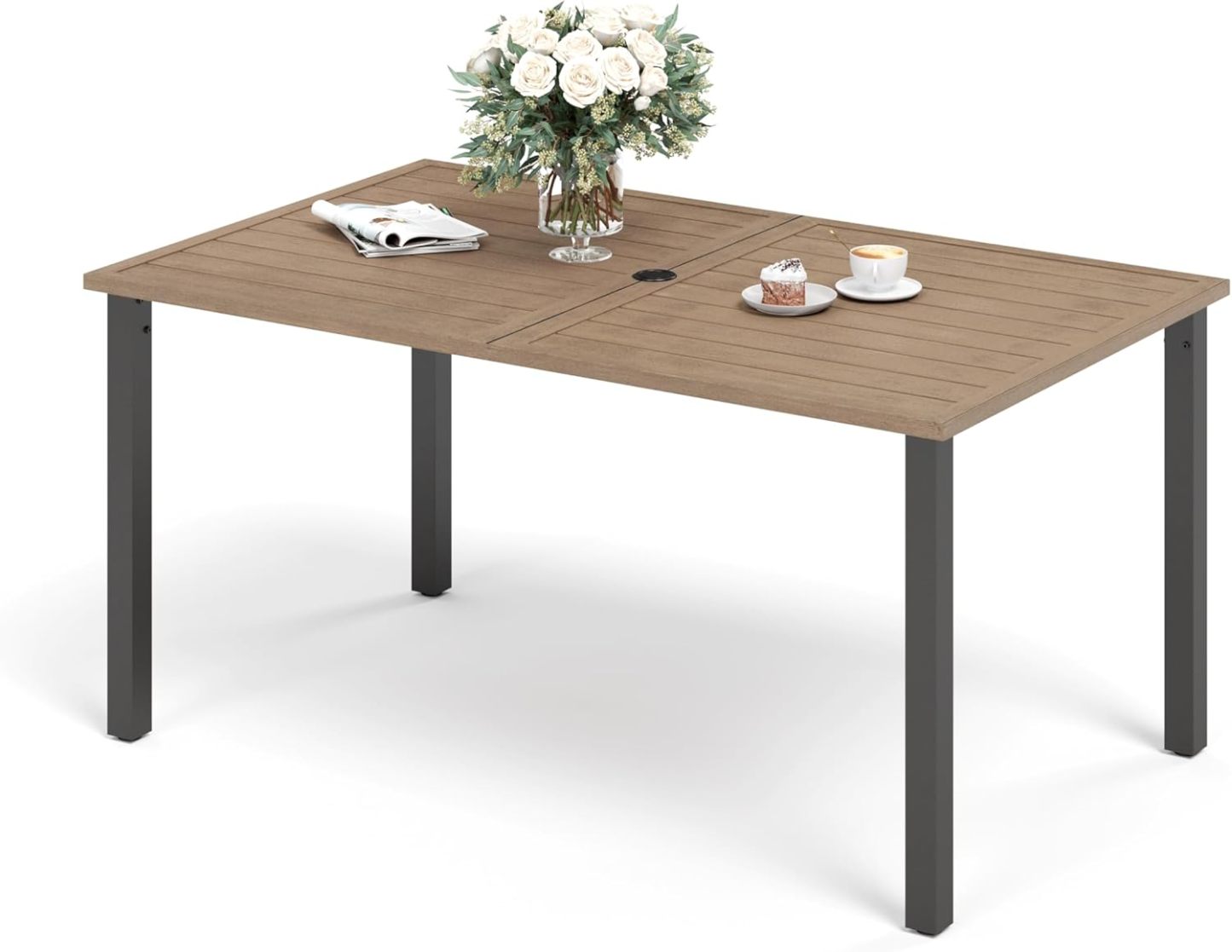 60" x 36" x 29"Patio Dining Table,Rectangular Outdoor Dining Table with Teak Color Table Top