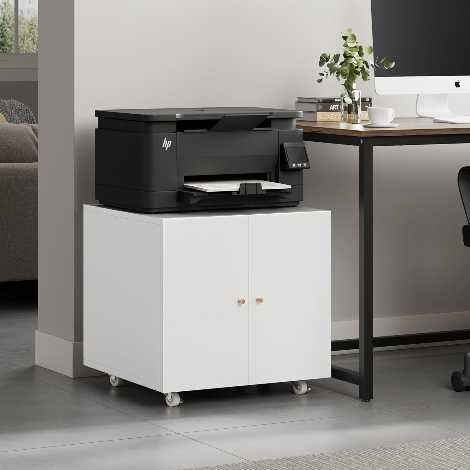 Metal Printer Stand with Storage Mobile Printer Tables for Small Spaces with Door Adjustable Shelf File Cabinet on Wheels for Home Office (White)
