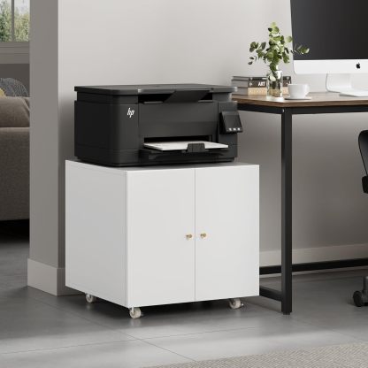 Metal Printer Stand with Storage Mobile Printer Tables for Small Spaces with Door Adjustable Shelf File Cabinet on Wheels for Home Office (White)