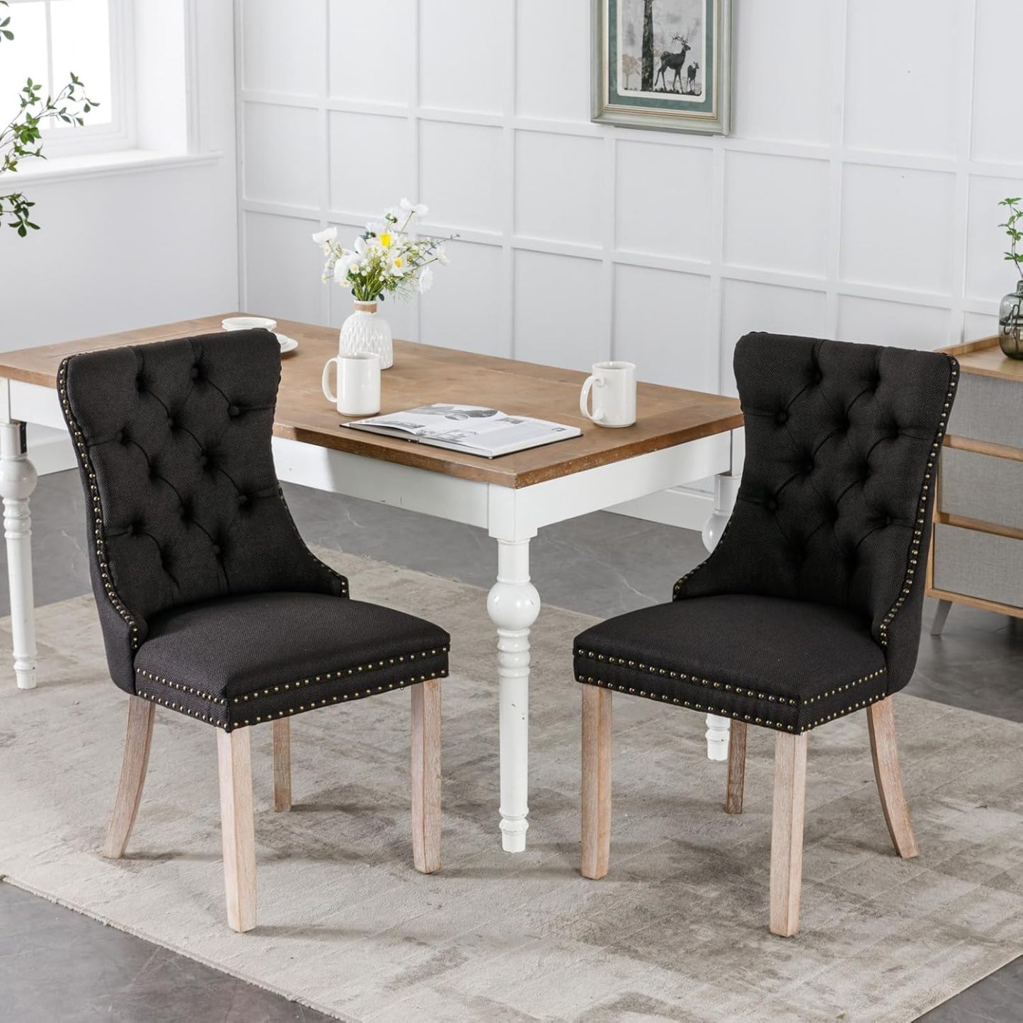 High Back Dining Chair Set of 2, Tufted Back Dining Room Chairs with Nailed Trim and Back Ring Pull, Armless Accent Side Chair