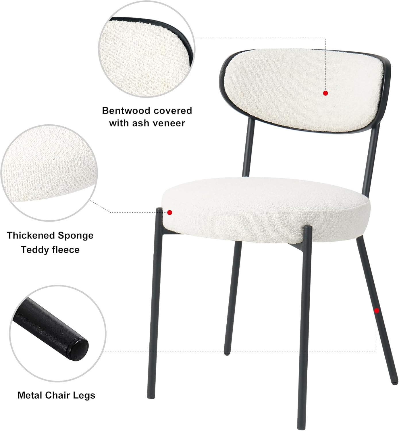 Cream White Dining Table Chairs Set of 2, Upholstered Boucle Kitchen Dining Room Chairs, Vanity Chair with Back, Modern Comfy Accent Chairs