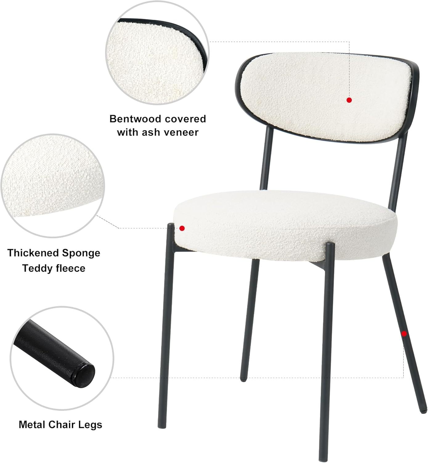 Cream White Dining Table Chairs Set of 2, Upholstered Boucle Kitchen Dining Room Chairs, Vanity Chair with Back, Modern Comfy Accent Chairs