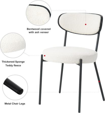Cream White Dining Table Chairs Set of 2, Upholstered Boucle Kitchen Dining Room Chairs, Vanity Chair with Back, Modern Comfy Accent Chairs