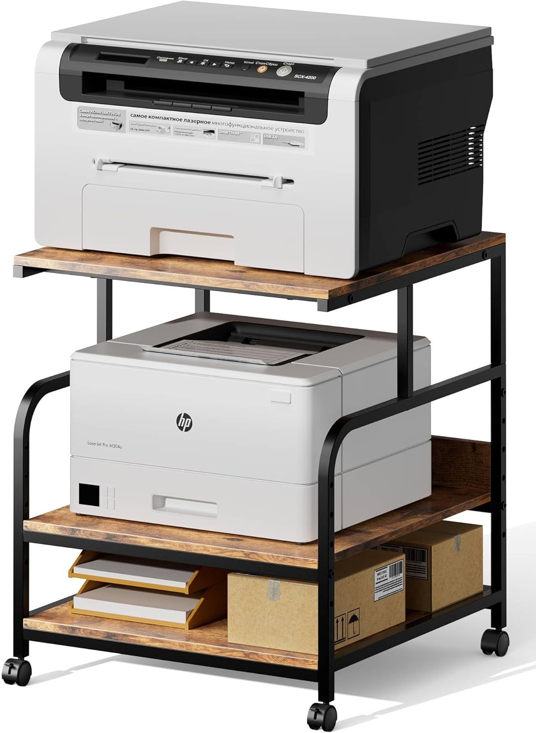 24x24 inches Printer Stand with Adjustable Storage Shelf - Large Printer Table with Wheels - 3 Tier Rolling Printer Cart