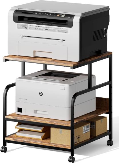 24x24 inches Printer Stand with Adjustable Storage Shelf - Large Printer Table with Wheels - 3 Tier Rolling Printer Cart