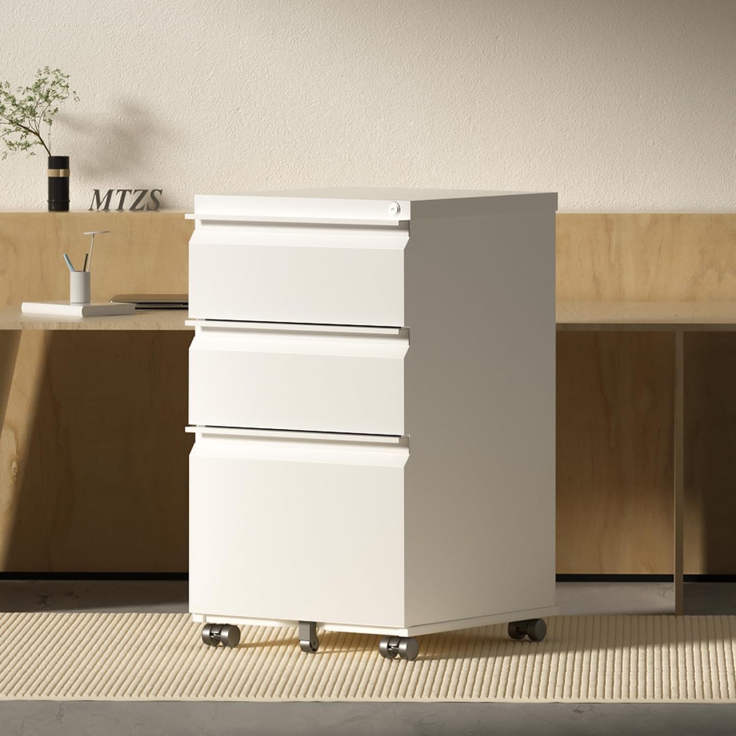 Metal File Cabinets for Home Office 3 Drawer Mobile Filing Cabinet with Lock 5 Rolling Wheels White Vertical Office Cabinet fits A4/Letter/Legal Size Fully Assembled