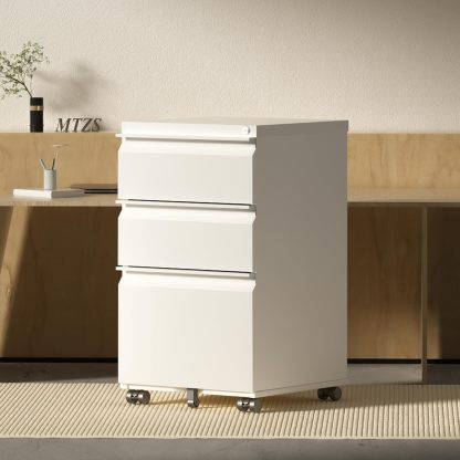 Metal File Cabinets for Home Office 3 Drawer Mobile Filing Cabinet with Lock 5 Rolling Wheels White Vertical Office Cabinet fits A4/Letter/Legal Size Fully Assembled
