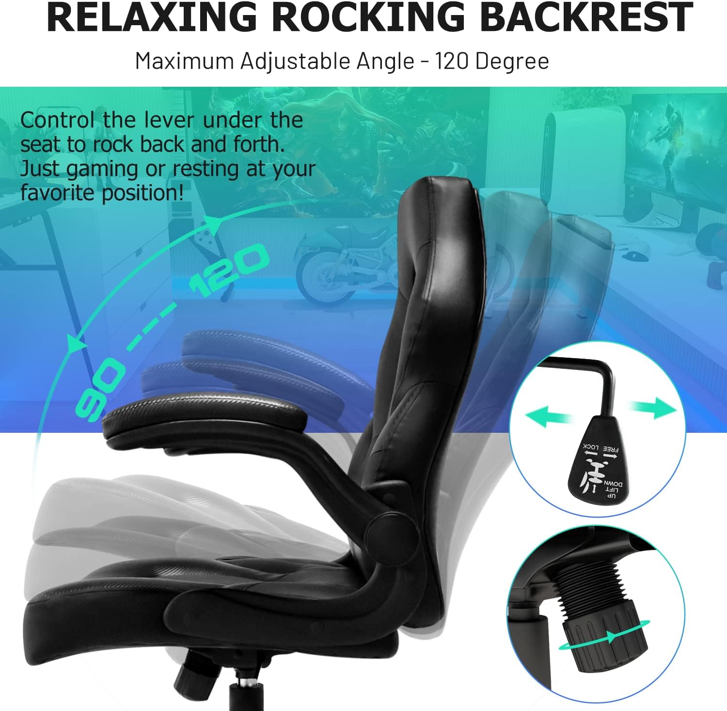 Office Gaming Chair with Flip-up Armrests, Ergonomic Computer Game Chair Bonded Leather Swivel Desk Chair Adjustable Height Comfortable Upholstered Armrests(Black)