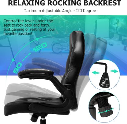 Office Gaming Chair with Flip-up Armrests, Ergonomic Computer Game Chair Bonded Leather Swivel Desk Chair Adjustable Height Comfortable Upholstered Armrests(Black)
