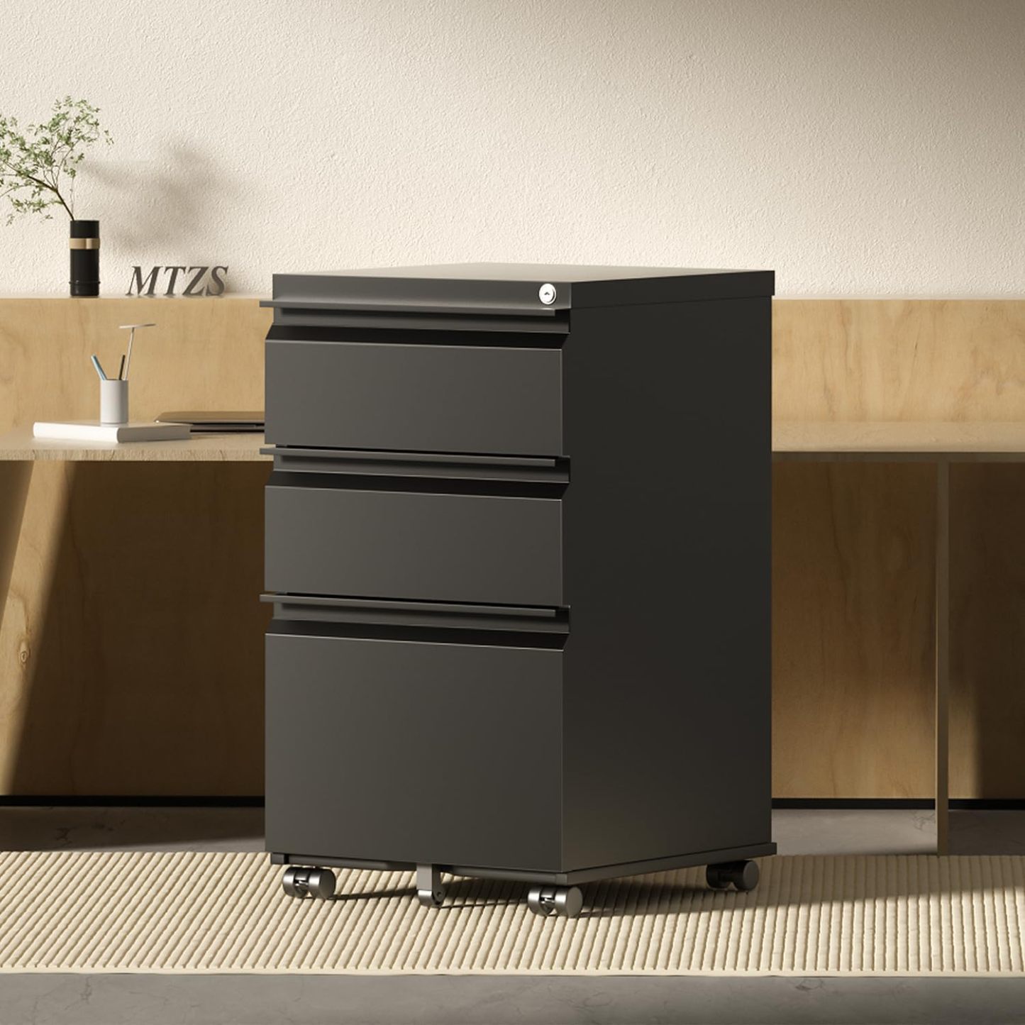Metal File Cabinets for Home Office 3 Drawer Mobile Filing Cabinet with Lock 5 Rolling Wheels Vertical Office Cabinet fits A4/Letter/Legal Size Fully Assembled (Black)