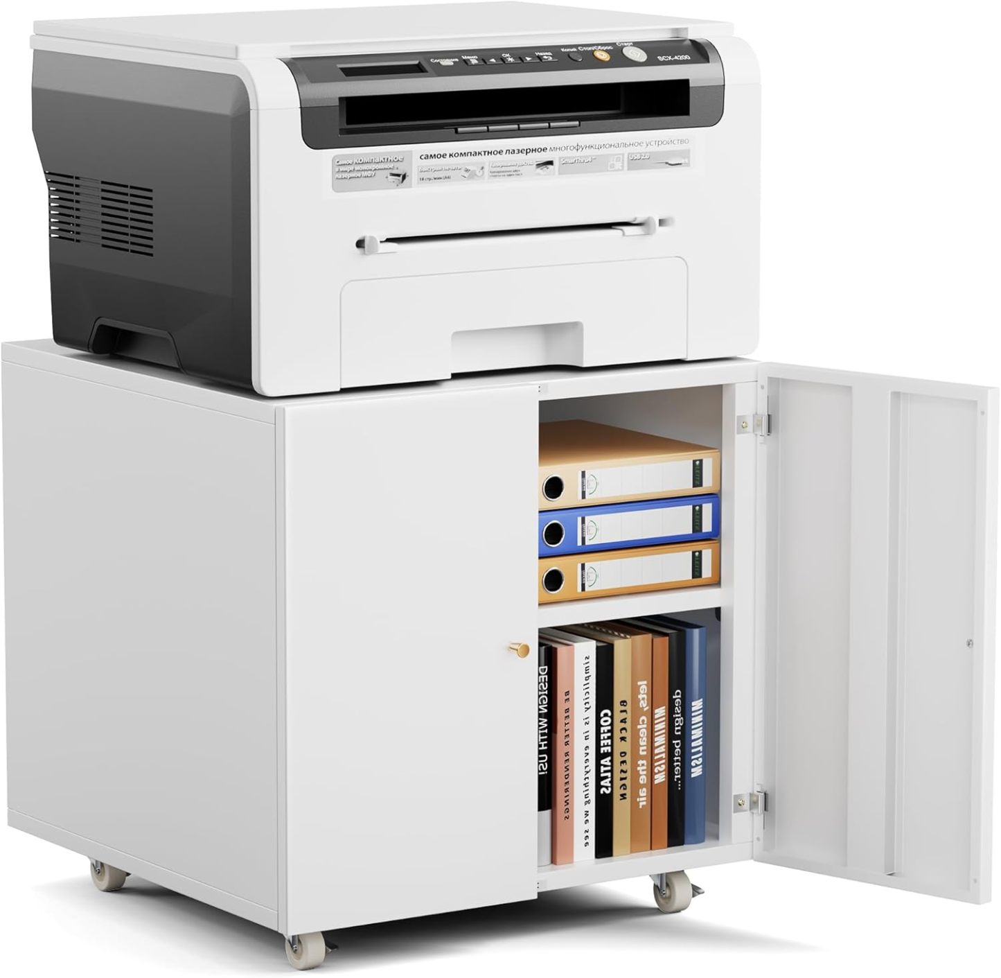Metal Printer Stand with Storage Mobile Printer Tables for Small Spaces with Door Adjustable Shelf File Cabinet on Wheels for Home Office (White)
