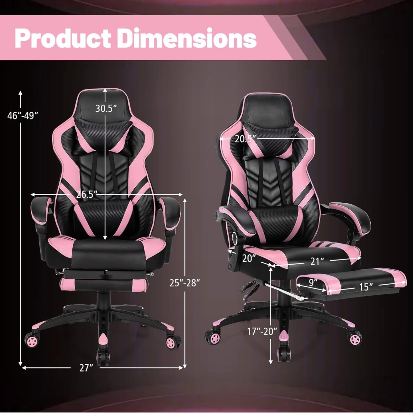 Computer Chair with Footrest and Lumbar Support, Height Adjustable Executive Swivel Rolling Task Chair with 90°-155° Tilt Function (Pink)