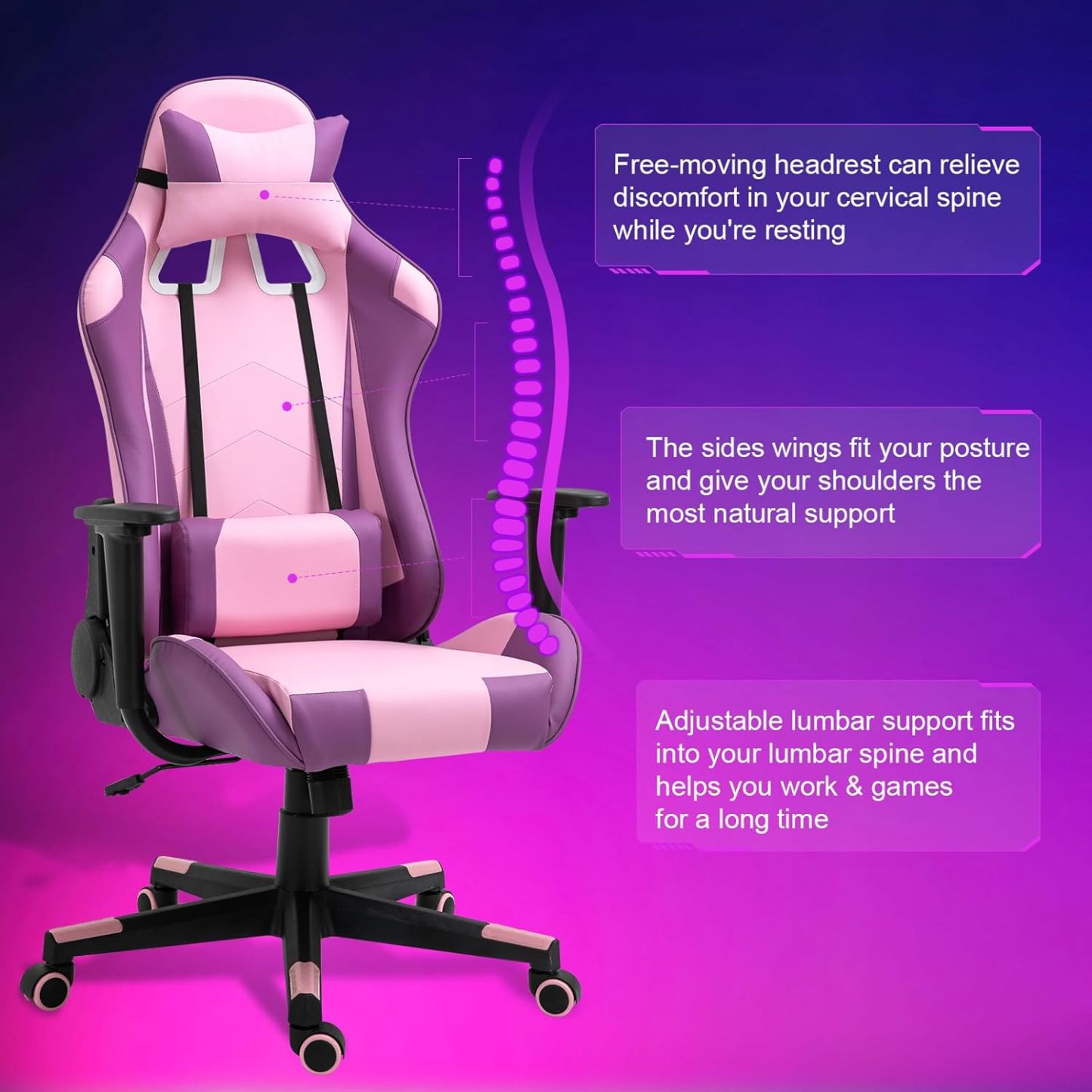 Reclining Gaming Chair, High-Back Recliner Chair with Headrest and Lumbar Support, PU Leather Racing Gaming Chair with Height Adjustable and Headrest 360° Swivel Seat