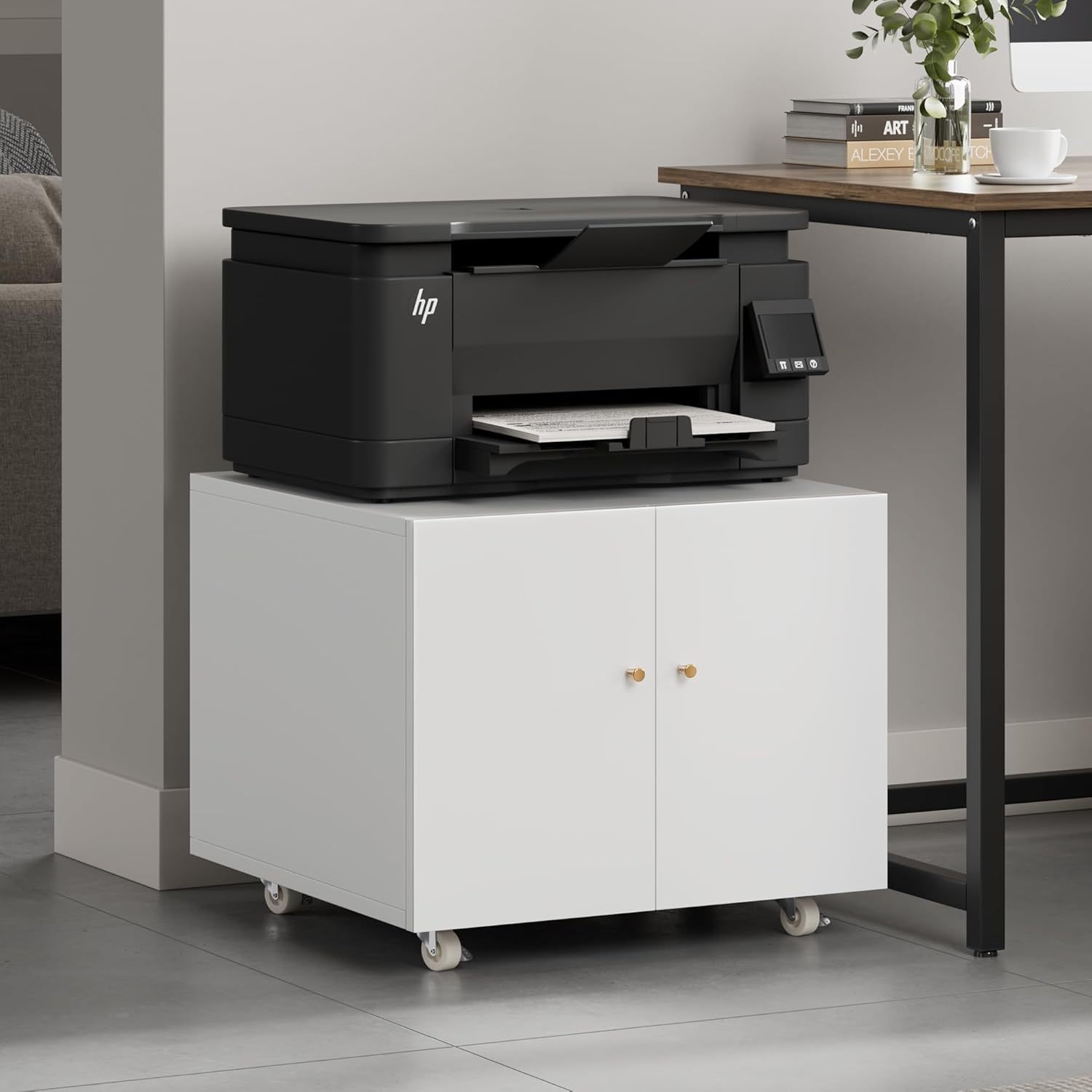 Metal Printer Stand with Storage Mobile Printer Tables for Small Spaces with Door Adjustable Shelf White File Cabinet on Wheels for Home Office