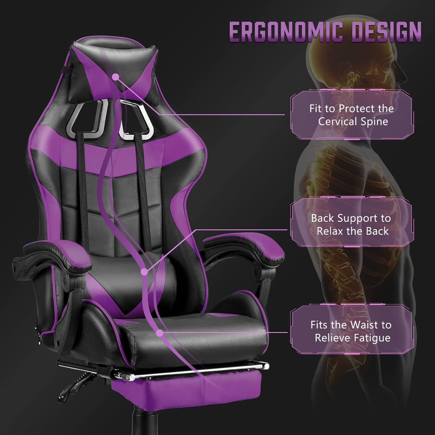 Purple Gaming Chairs with Footrest,Ergonomic PC Computer Game Chair