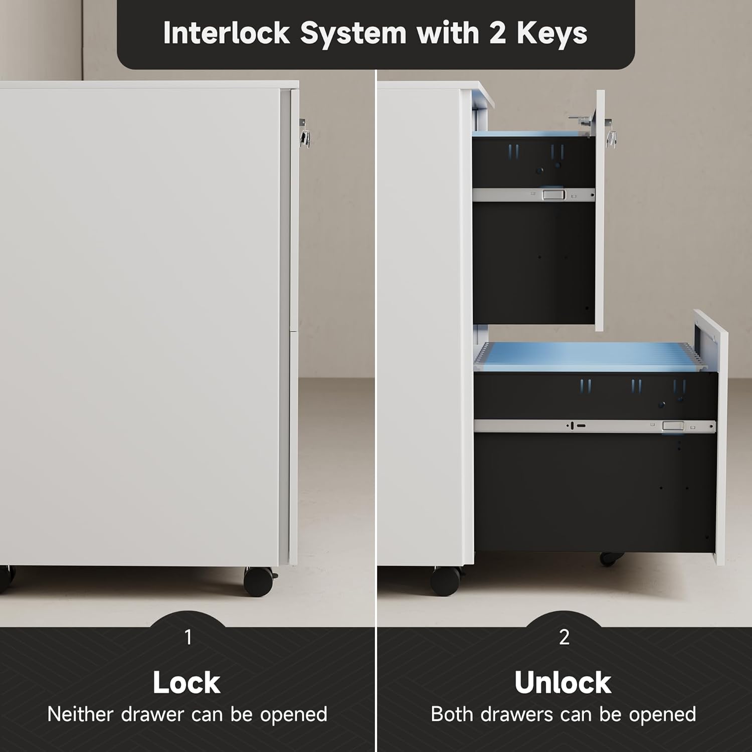 Metal Mobile File Cabinets for Home Office 2 Drawer Filing Cabinet with Lock Rolling Office File Cabinet fits A4/Letter/Legal Size Fully Assembled (White)