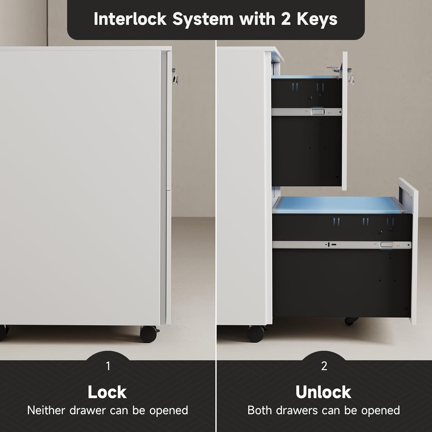 Metal Mobile File Cabinets for Home Office 2 Drawer Filing Cabinet with Lock Rolling Office File Cabinet fits A4/Letter/Legal Size Fully Assembled (White)