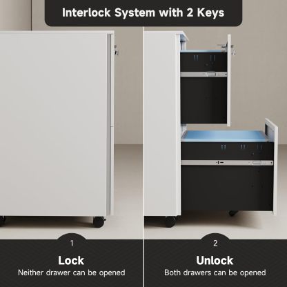 Metal Mobile File Cabinets for Home Office 2 Drawer Filing Cabinet with Lock Rolling Office File Cabinet fits A4/Letter/Legal Size Fully Assembled (White)