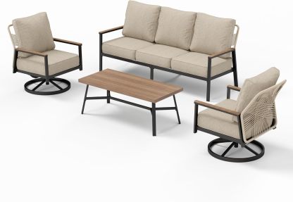 4 Piece Patio Furniture Set with Swivel Chairs, High Back Rope Rattan Outdoor Conversation Set with Extra Thick Cushion and Coffee Table