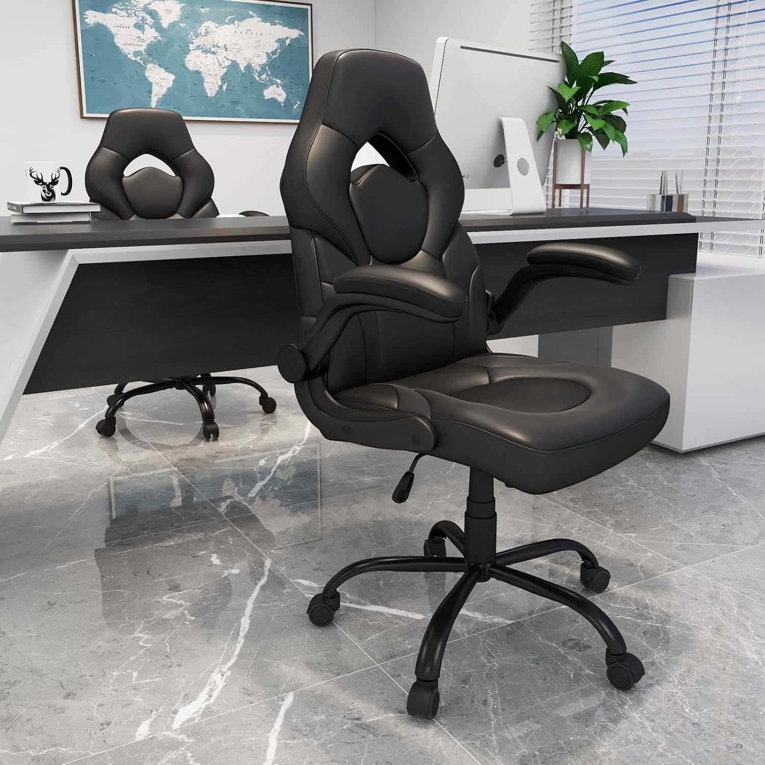 Office Gaming Chair with Flip-up Armrests, Ergonomic Computer Game Chair Bonded Leather Swivel Desk Chair Adjustable Height Comfortable Upholstered Armrests(Black)