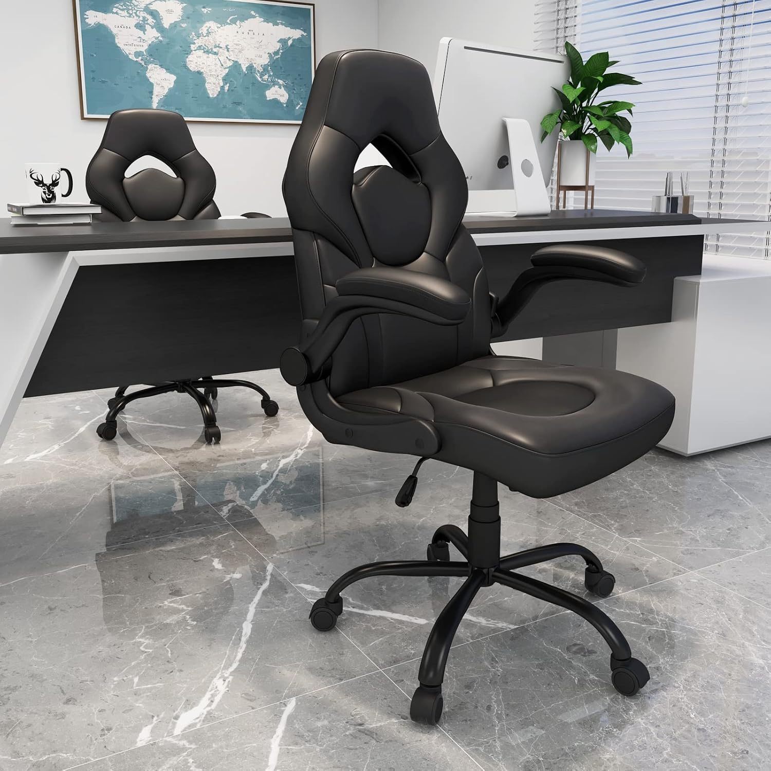 Office Gaming Chair with Flip-up Armrests, Ergonomic Computer Game Chair Bonded Leather Swivel Desk Chair Adjustable Height Comfortable Upholstered Armrests(Black)