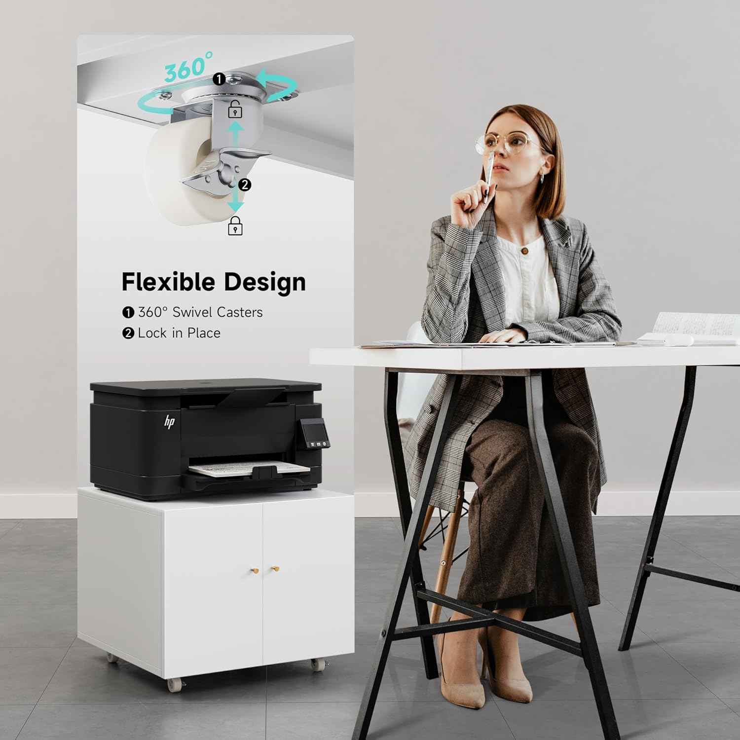 Metal Printer Stand with Storage Mobile Printer Tables for Small Spaces with Door Adjustable Shelf White File Cabinet on Wheels for Home Office