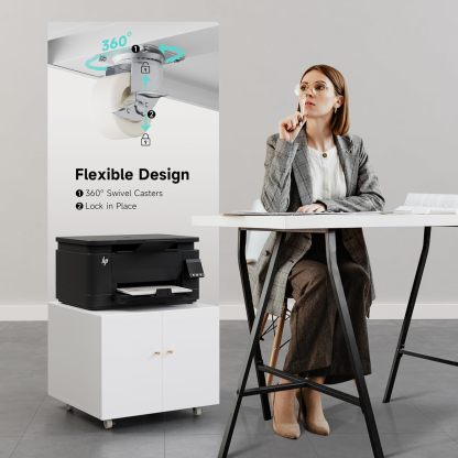 Metal Printer Stand with Storage Mobile Printer Tables for Small Spaces with Door Adjustable Shelf White File Cabinet on Wheels for Home Office