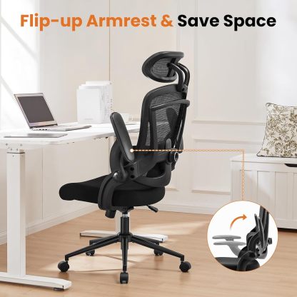 Ergonomic Office Chair with Headrest Adjustable Lumbar Support Flip-up Armrests Mesh High Back Adjustable Height Computer Desk Gaming Chair with Flip-up Armrests,120°Tilt, Black