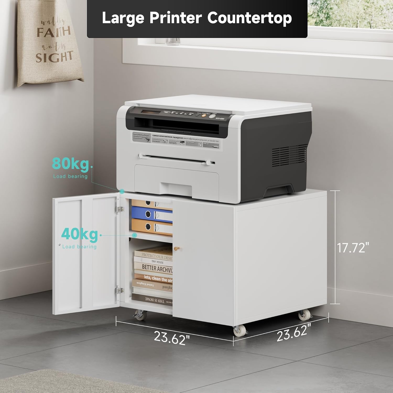 Metal Printer Stand with Storage Mobile Printer Tables for Small Spaces with Door Adjustable Shelf White File Cabinet on Wheels for Home Office