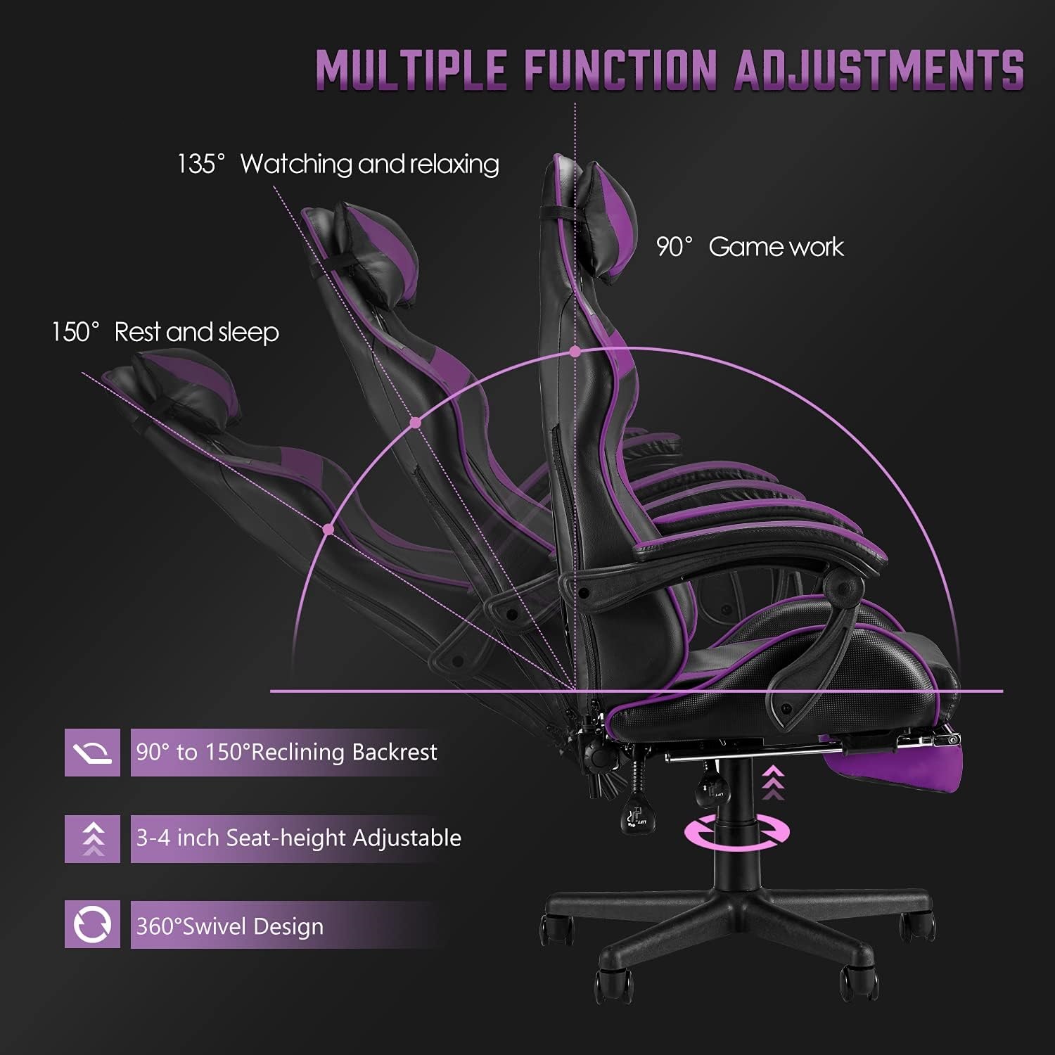 Purple Gaming Chairs with Footrest,Ergonomic PC Computer Game Chair