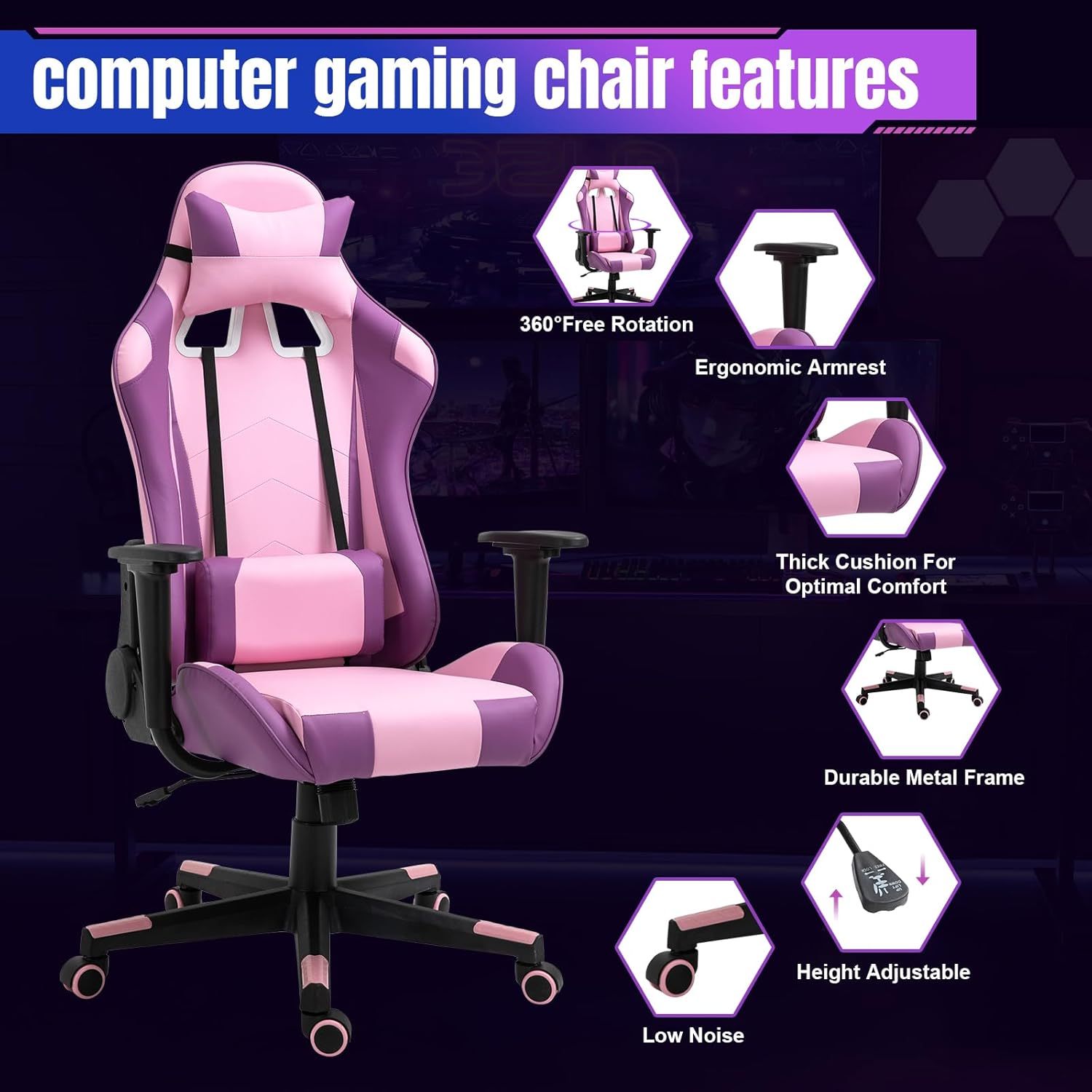 Reclining Gaming Chair, High-Back Recliner Chair with Headrest and Lumbar Support, PU Leather Racing Gaming Chair with Height Adjustable and Headrest 360° Swivel Seat