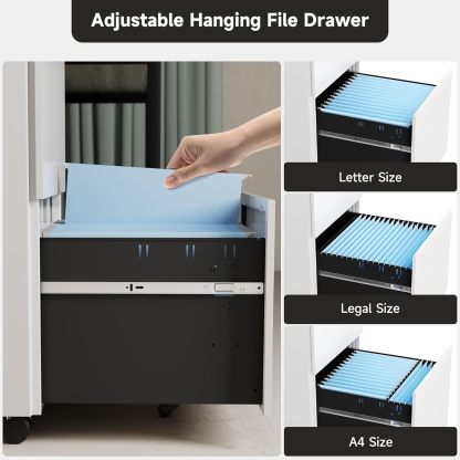 Metal Mobile File Cabinets for Home Office 2 Drawer Filing Cabinet with Lock Rolling Office File Cabinet fits A4/Letter/Legal Size Fully Assembled (White)
