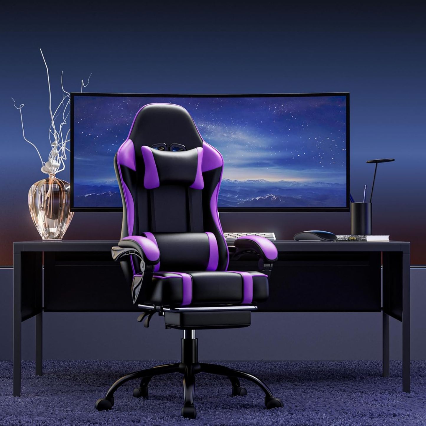 Computer Chair with Footrest and Lumbar Support, Ergonomic Video Game Chair with Headrest, Height Adjustable Gamer Chair Office Desk Chair