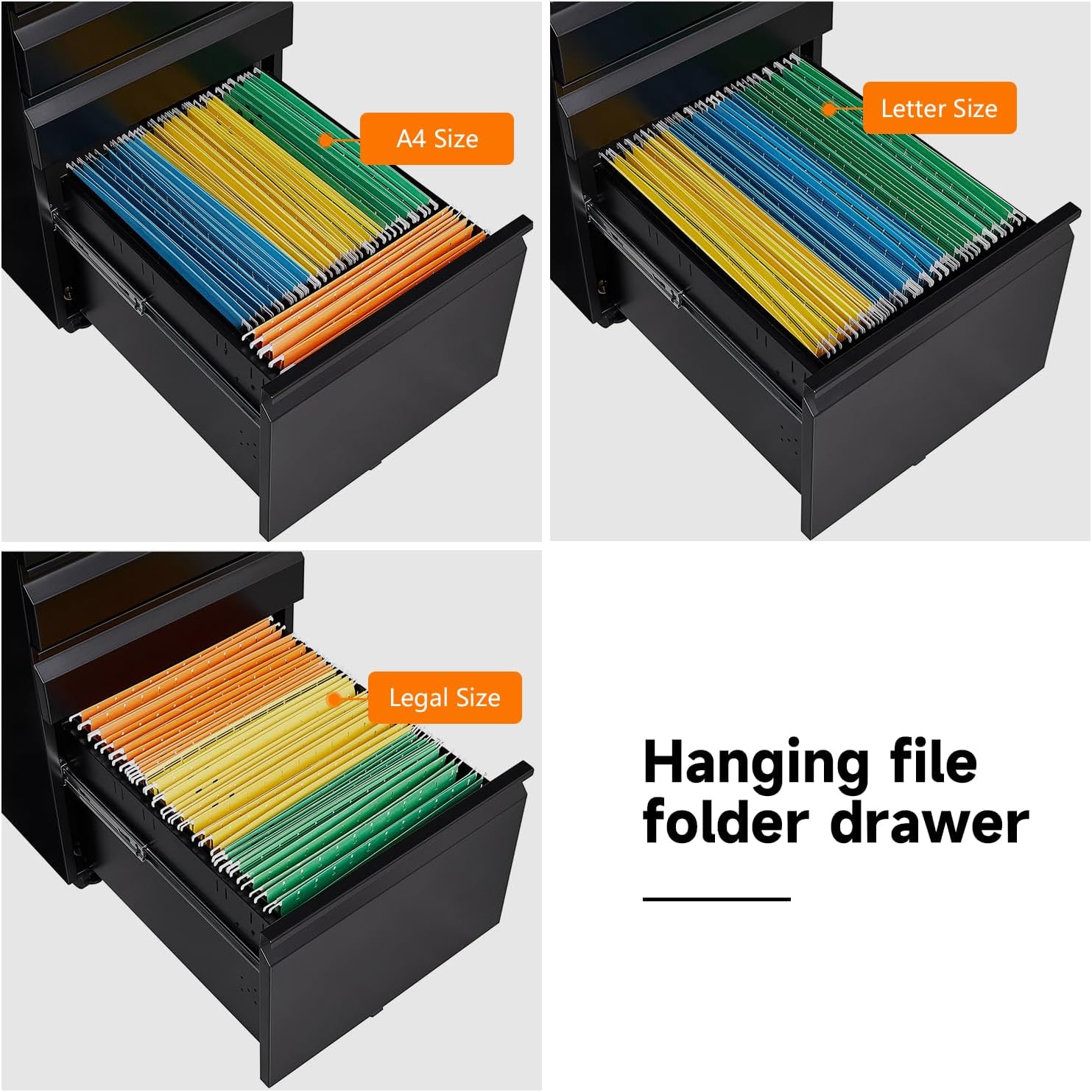 Metal File Cabinets for Home Office 3 Drawer Mobile Filing Cabinet with Lock 5 Rolling Wheels Vertical Office Cabinet fits A4/Letter/Legal Size Fully Assembled (Black)