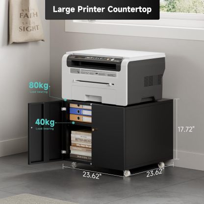 Metal Printer Stand with Storage Mobile Printer Tables for Small Spaces with Door Adjustable Shelf Black File Cabinet on Wheels for Home Office