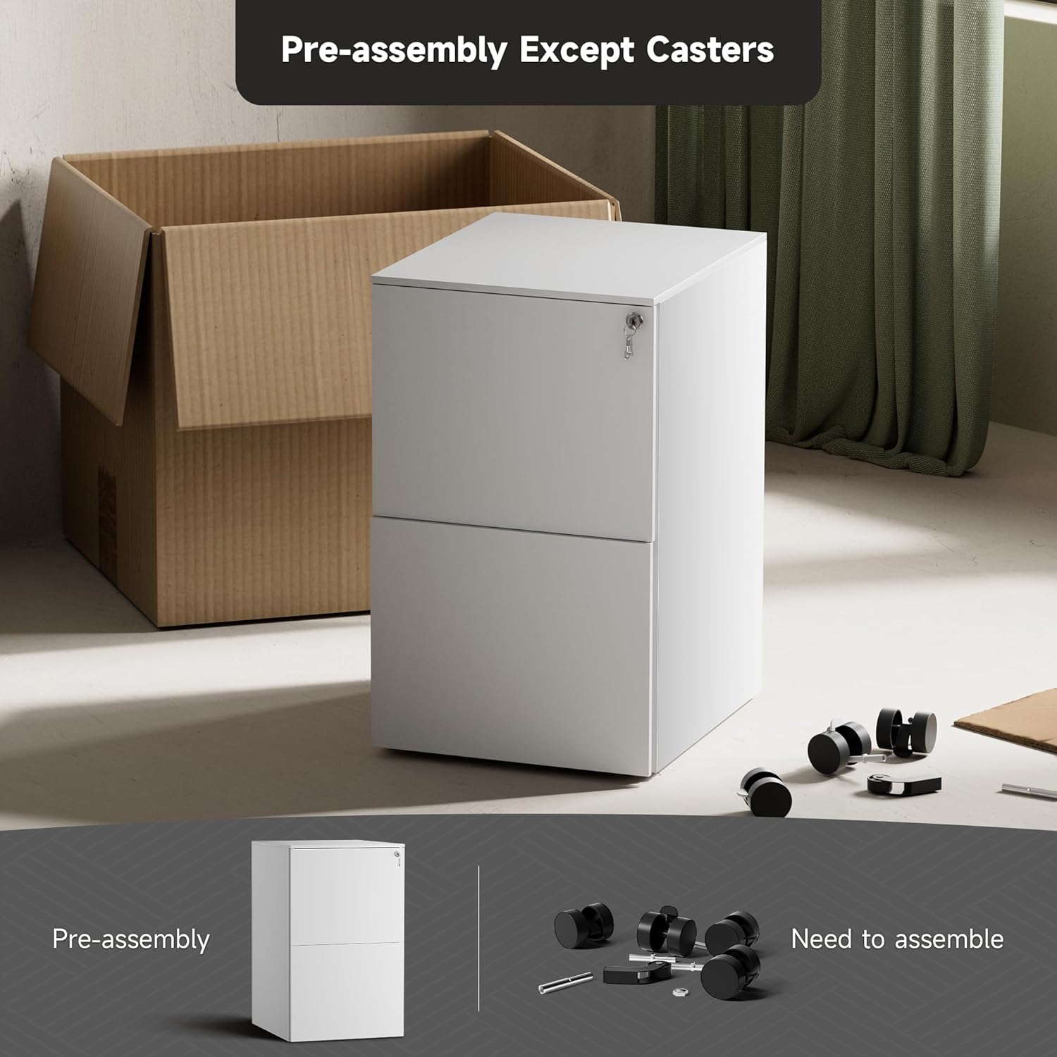 Metal Mobile File Cabinets for Home Office 2 Drawer Filing Cabinet with Lock Rolling Office File Cabinet fits A4/Letter/Legal Size Fully Assembled (White)