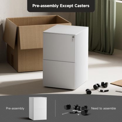 Metal Mobile File Cabinets for Home Office 2 Drawer Filing Cabinet with Lock Rolling Office File Cabinet fits A4/Letter/Legal Size Fully Assembled (White)