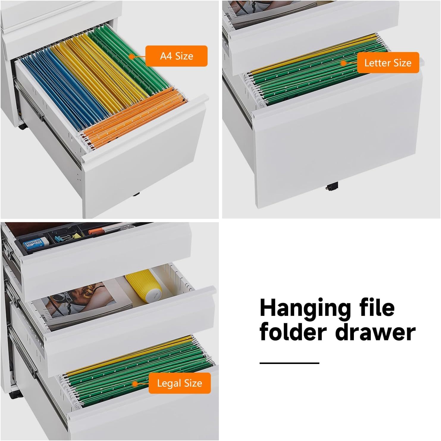 Metal File Cabinets for Home Office 3 Drawer Mobile Filing Cabinet with Lock 5 Rolling Wheels White Vertical Office Cabinet fits A4/Letter/Legal Size Fully Assembled