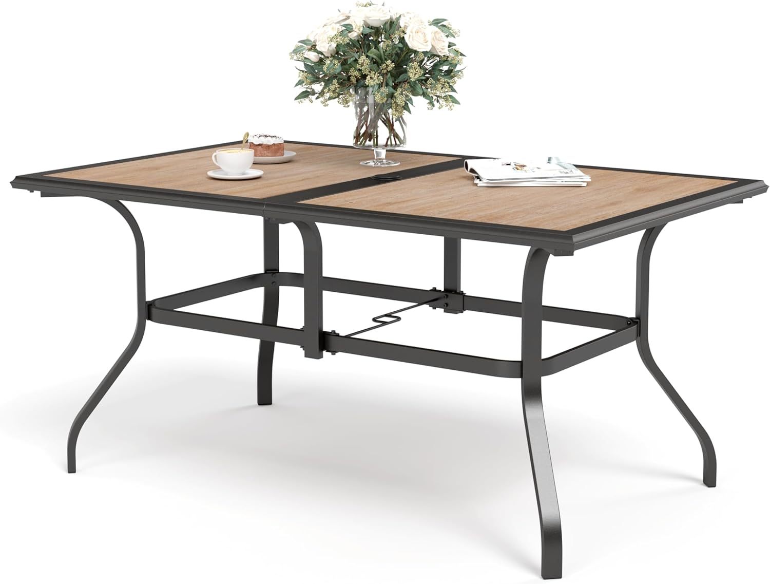 Patio Dining Table（Premium PVC Table Top）,60" x 37" x28" Rectangular Steel Outdoor Dining Table Steel Frame with 1.57" Umbrella Hole