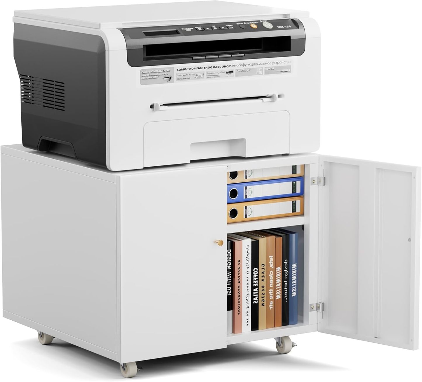 Metal Printer Stand with Storage Mobile Printer Tables for Small Spaces with Door Adjustable Shelf White File Cabinet on Wheels for Home Office