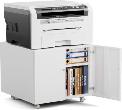 Metal Printer Stand with Storage Mobile Printer Tables for Small Spaces with Door Adjustable Shelf White File Cabinet on Wheels for Home Office